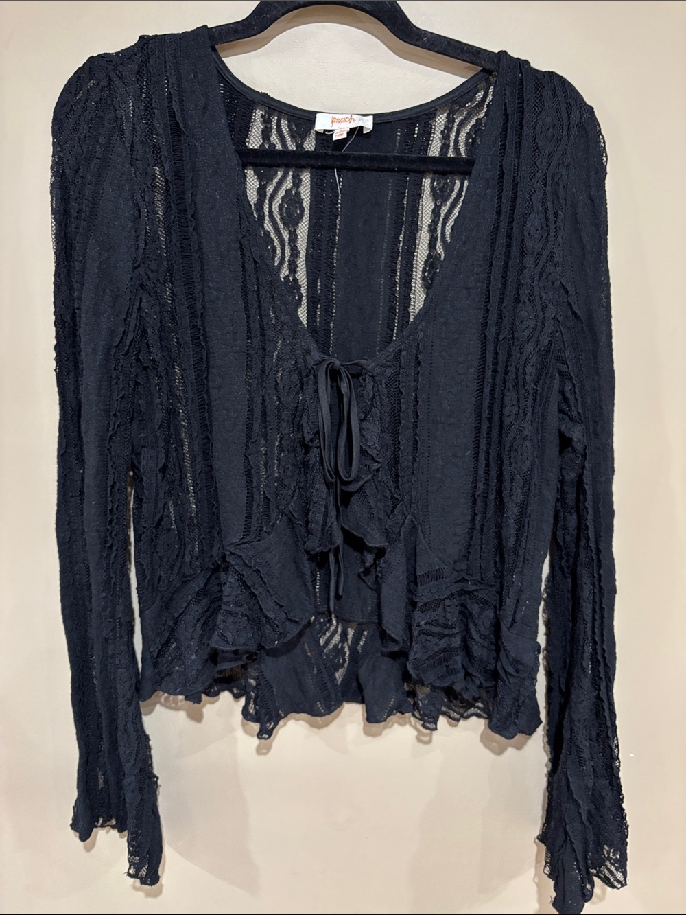Black lace tie front ruffle bell sleeve top